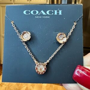 Coach Open Circle Necklace And Tea Rose Stud Earrings Set